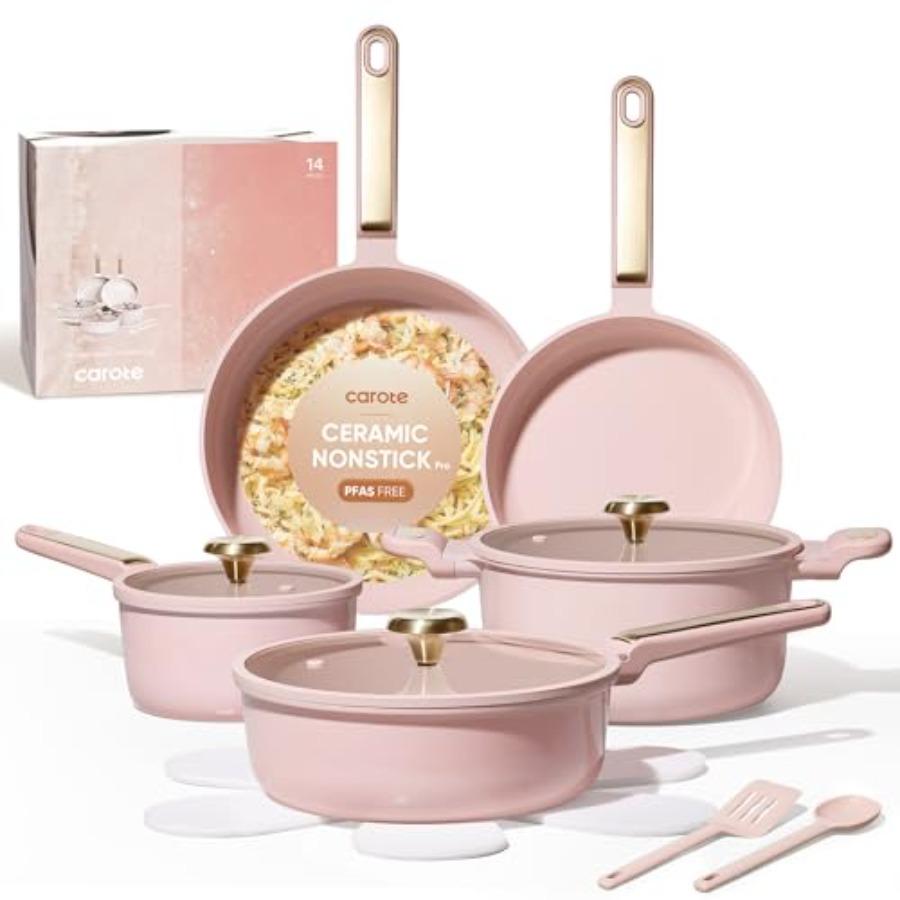 

Pink Blush Ceramic Cookware Set 14pcs Nonstick Pots and Pans with Lids Non-Toxic PFAS-Free Kitchenware for Home RV Camping Dish