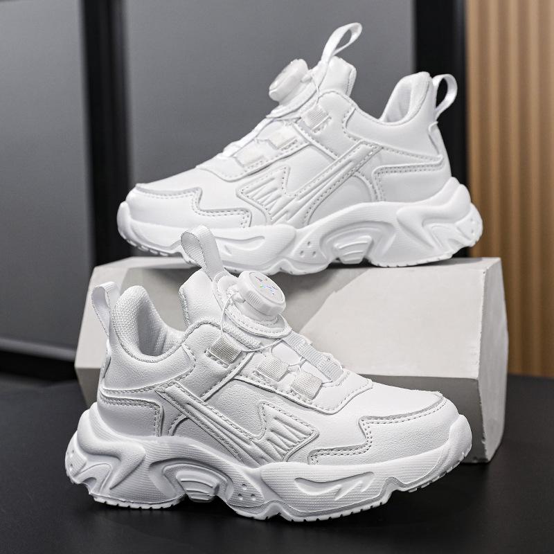 Children's Little White Shoes 2025 Spring and Autumn New White Mesh Breathable Rotating Button Medium and Large Children's and Boys' Sports Shoes