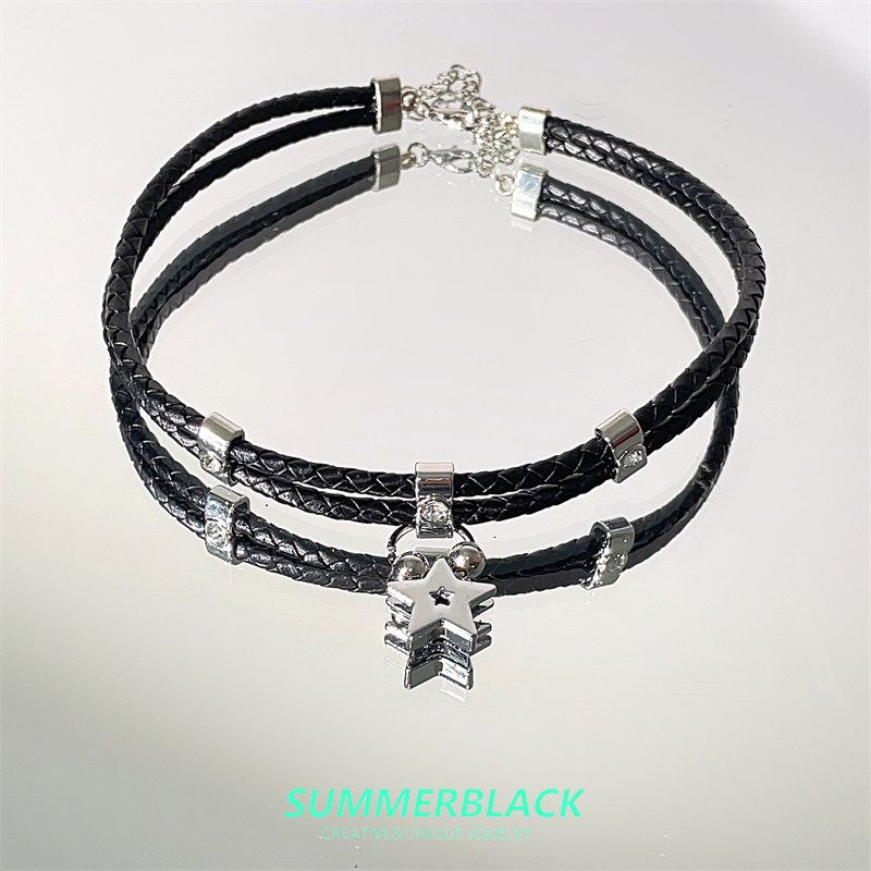 Retro European and American Style Y2K Sexy Black Leather Choker Five-Pointed Star Necklace Female Niche Stylish Neck Chain Trend Double Row Leather Cord Five-Pointed Star Necklace