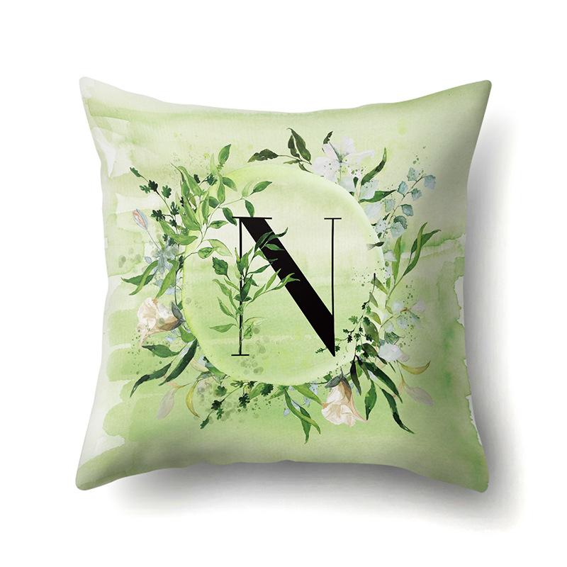 Polyester Pillowcase Car Decoration Small Fresh Green Leaves 26 English Letter Printing Pillow Cushion Cover