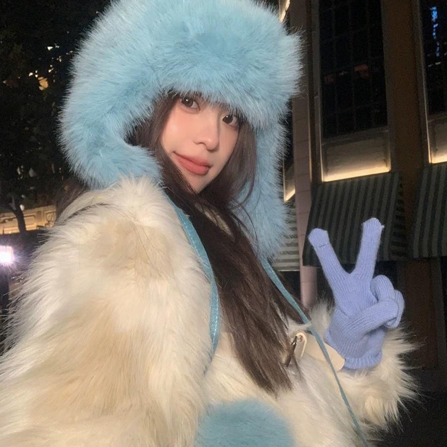 Blue imitation mink Lei Feng hat women's winter plush northern skiing cold and warm ear protection hat fleece thickened hat
