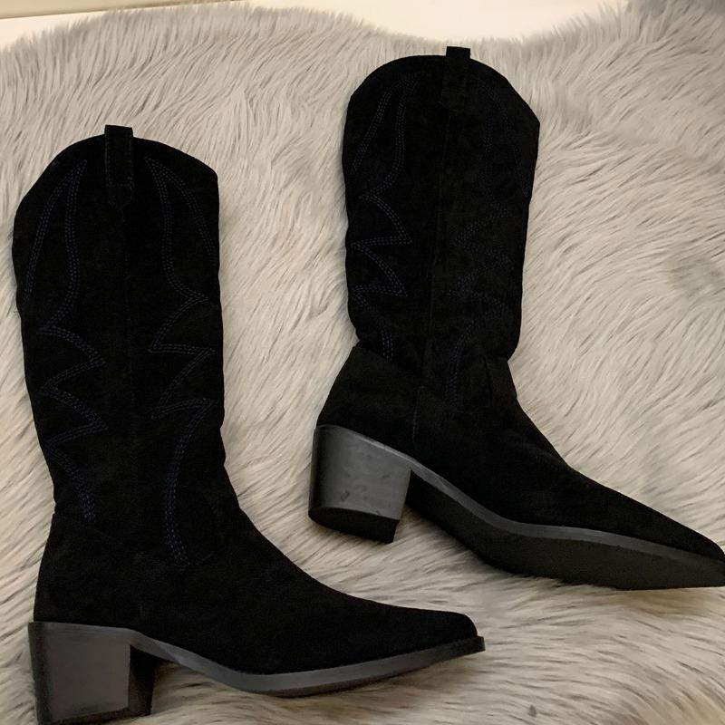 

Женские ковбойские сапоги, модные женские элегантные длинные ботильоны без шнуровки на квадратном низком каблуке, зимняя женская обувь с острым носком 37