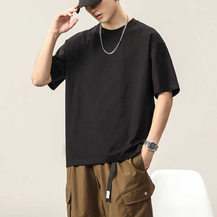 Hundreds of stretch solid color fit wrinkle loose men's short-sleeved fashion short-sleeved tops comfortable lightweight T-shirt
