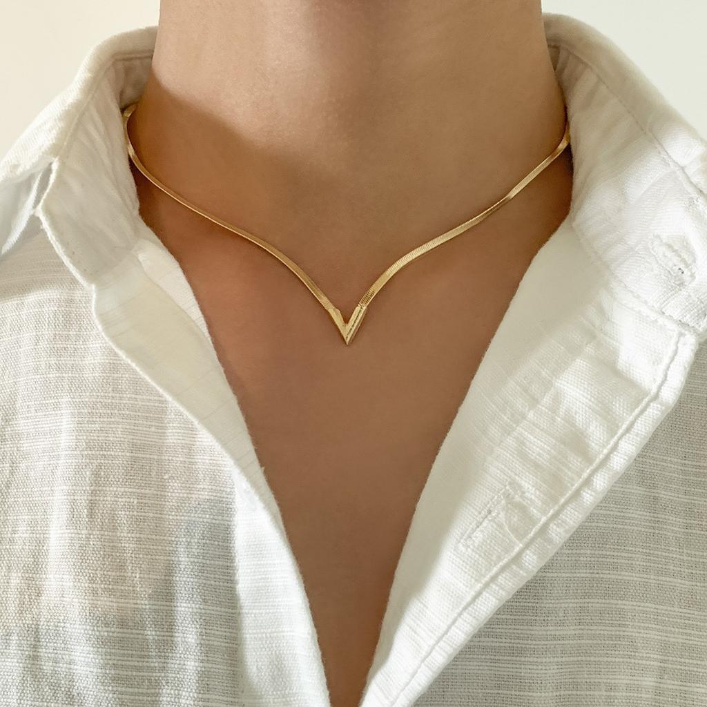 Accessories Hip Hop Wind Flat Snake Bone Chain Necklace, Retro Simple Geometric V-Shaped Necklace Earrings