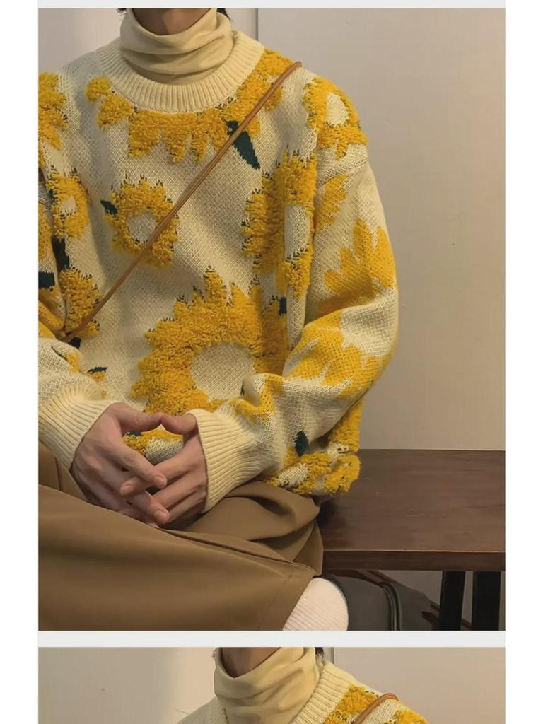 Men's Retro Japanese Chrysanthemum Jacquard Sweater - Cozy Autumn Round Neck Pullover