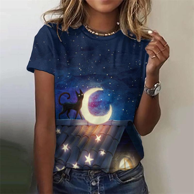 Women's T-shirt Casual 3D Printed Top Night Cat Cartoon T-shirt T-shirt
