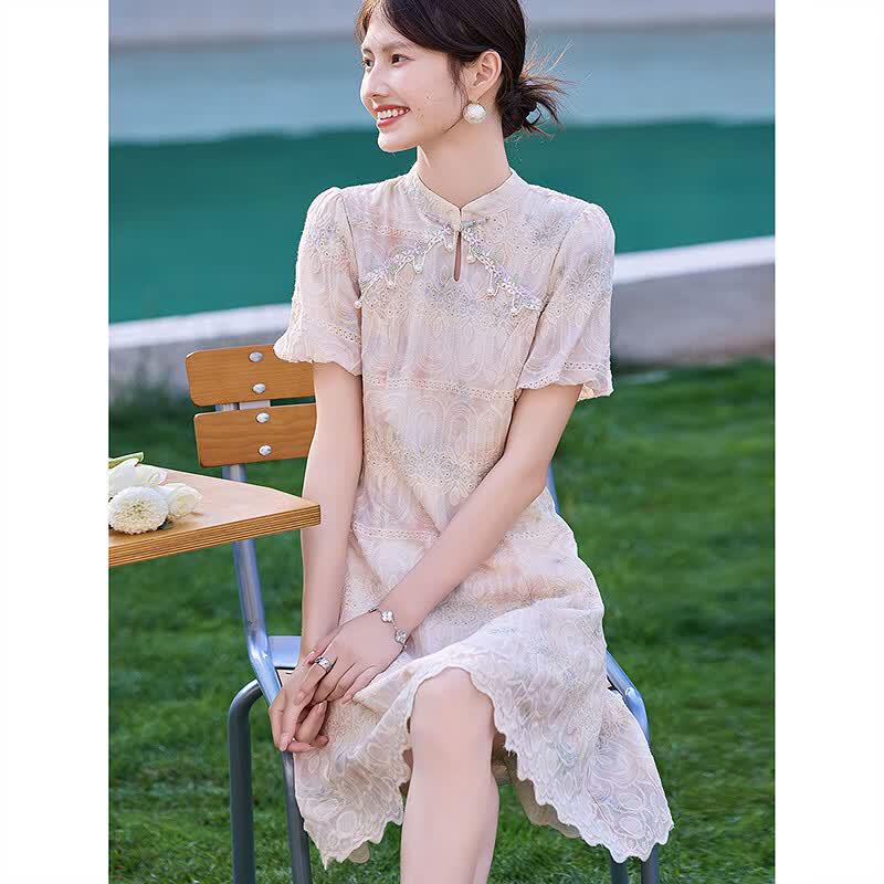 New Chinese Style Embroidered Stand Collar A-line Dress