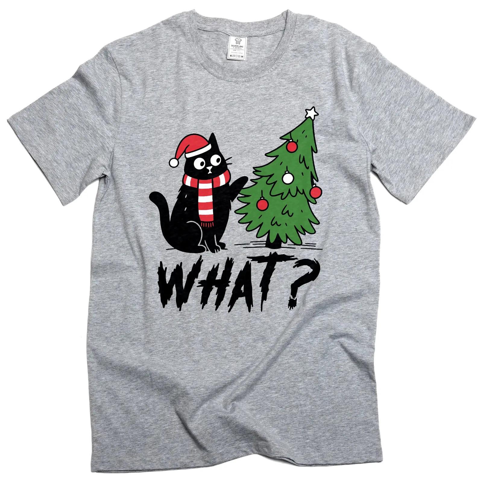 Funny Christmas Tree What Cat T-shirt humorous Xmas Pet Tee Shirt XL