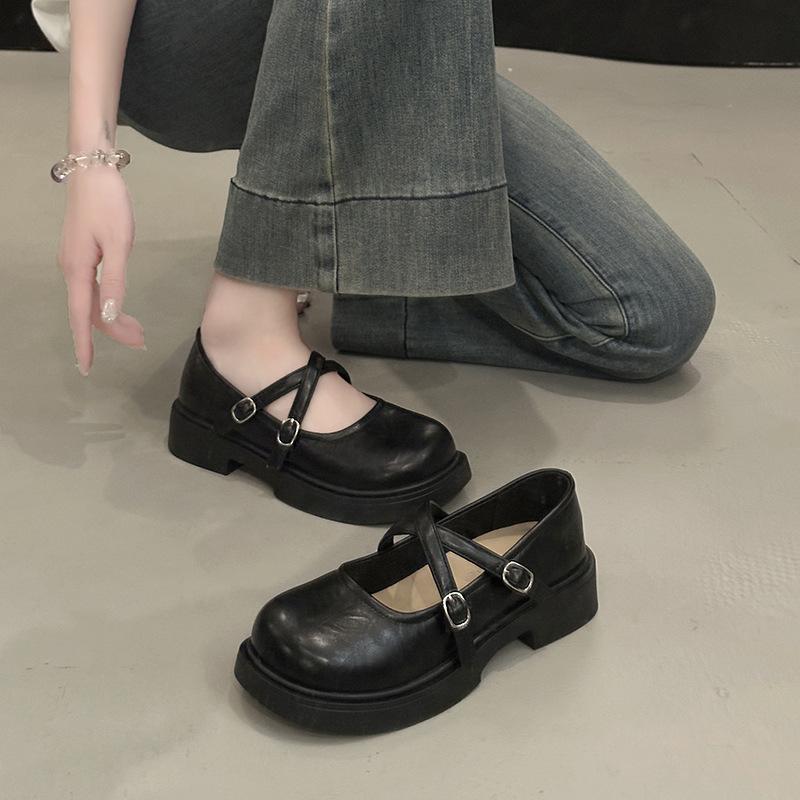 French cross Mary Jane small leather shoes women's retro round head inner heightening women's shoes autumn shallow mouth single shoes