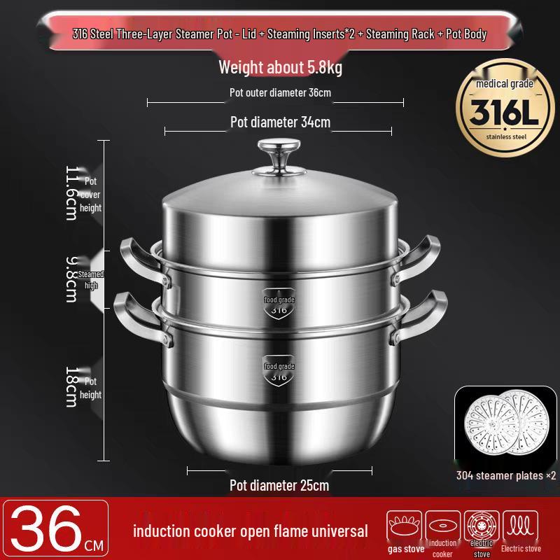 316 Stainless Steel High-Rise Steamer Pot, Extra Thick, Food-Grade, Large Capacity, Versatile 3-4 Layer Soup Pot