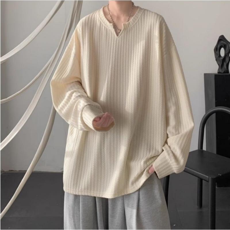 Spring Autumn V-neck Solid Color Casual Fashion Pullover Tee Male Long Sleeve All-match Bottomed T-shirt Top Men