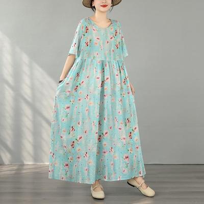 Robe d'été longue et décontractée en coton à manches courtes et grande taille, style vintage et floral, nouvelle collection