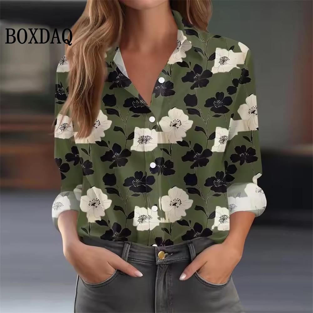 Autumn Women's Shirt Long Sleeved Lapel Tops Flower Pattern Casual Oversized Button Clothing Women Elegant and Fashionable Shirt