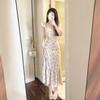 French Pure Desire One-word Shoulder Floral Dress Women's Waist Slim and Thin Retro Gentle Vacation Style Suspender Short Skirt