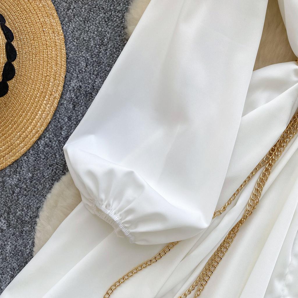 Women's Spring Autumn Loose Casual Dress Metal Chain Waist French Style Long Lantern Sleeves Elegant Shirt Dresses