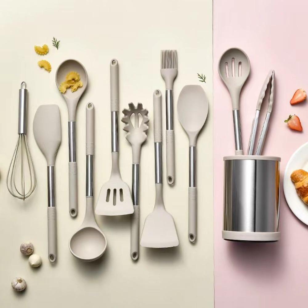 12PCS 360° Rotating Bucket Silicone Kitchen Utensils Set Kitchen Cooking Tools Nonstick Pan