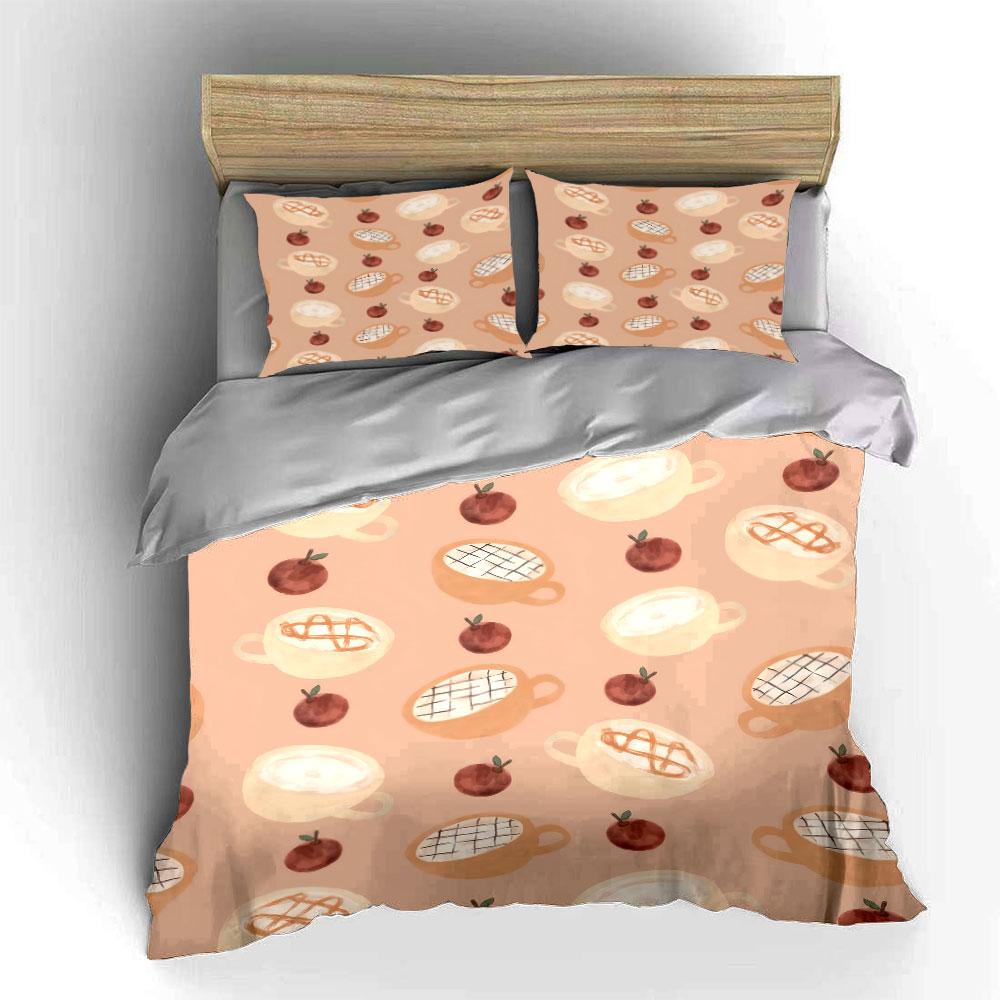 Coffee and Apple Design Set Bedding Set with 1 Duvet Cover 2 Pillowcases Single Double King Queen, Gift