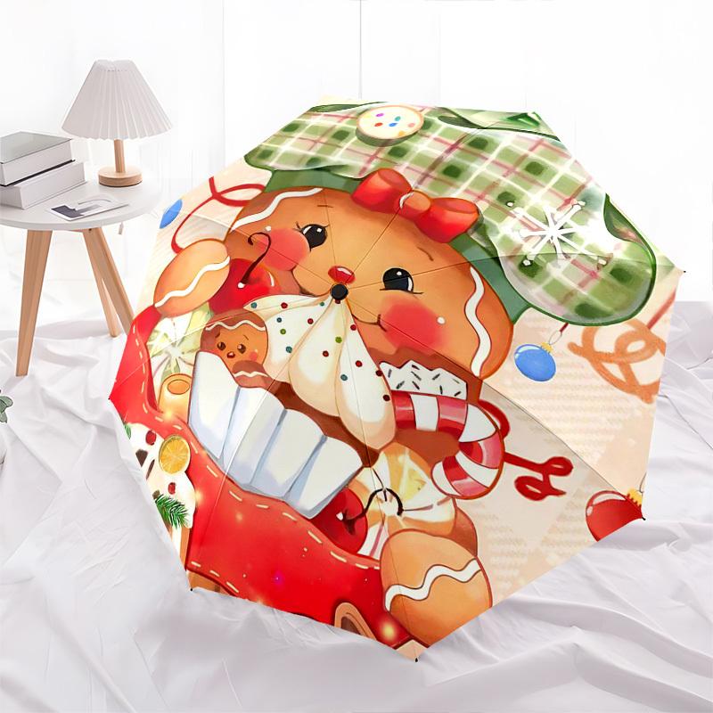 1pc Christmas Gingerbread Man Automatic Folding Umbrella, Portable 3-Fold Design with 8-Bone Iron Frame, Perfect for Fans, Travelers, Daily Use, and F