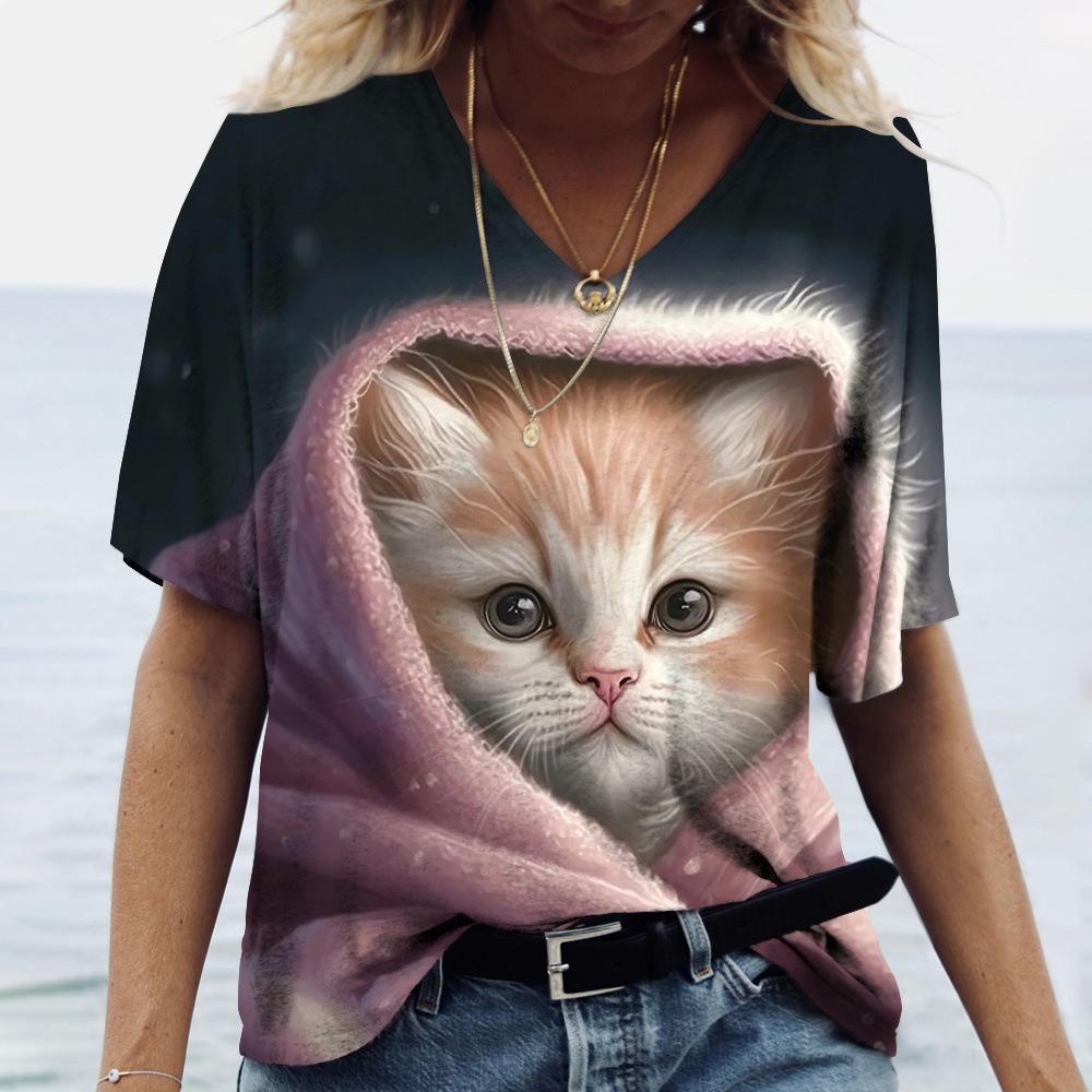 Stylish Breathable Cat Print Short-sleeved V-neck Simple Top T-Shirts Women’s