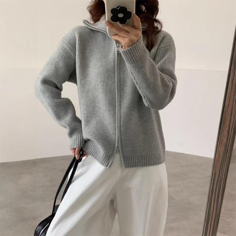 Double zipper knitted cardigan top autumn and winter new solid color loose soft waxy lazy sweater jacket women