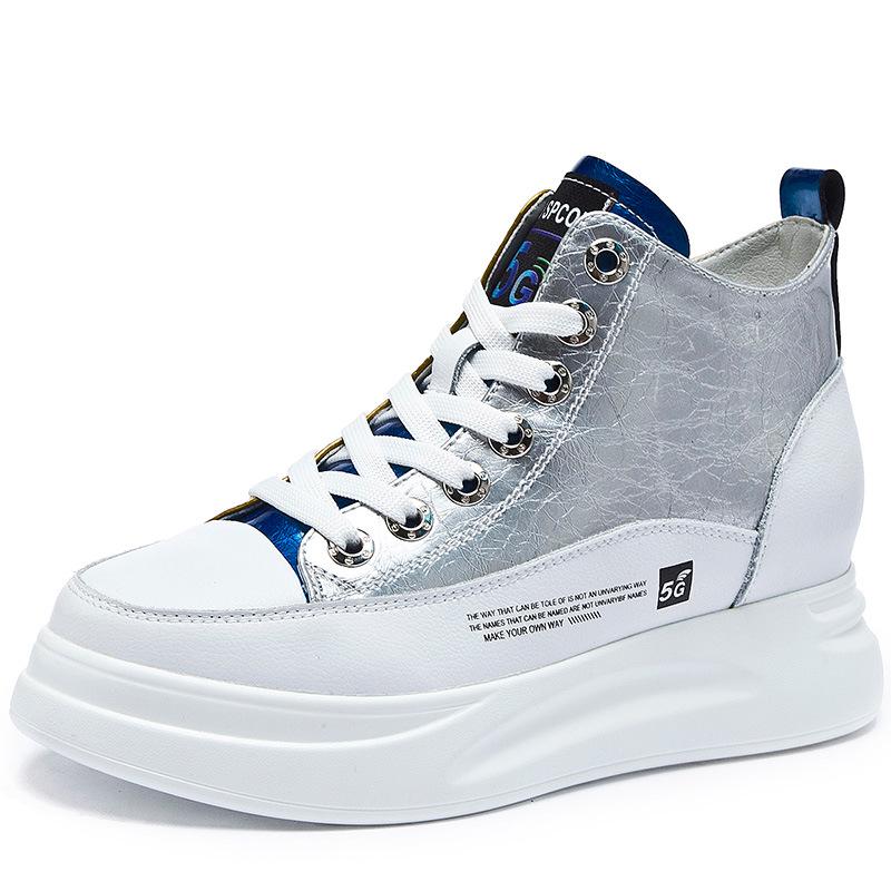 2025 Women's White High-Top Sneakers: Spring/Autumn Trendy Platform, Genuine Leather, Color-Matching, Height-Enhancing Design