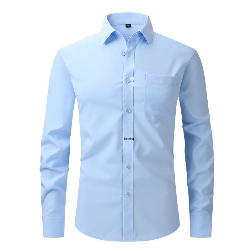 Men's High-End Long-Sleeve Stretch Dress Shirt - European & American Sizes, Solid Color Business Casual Top