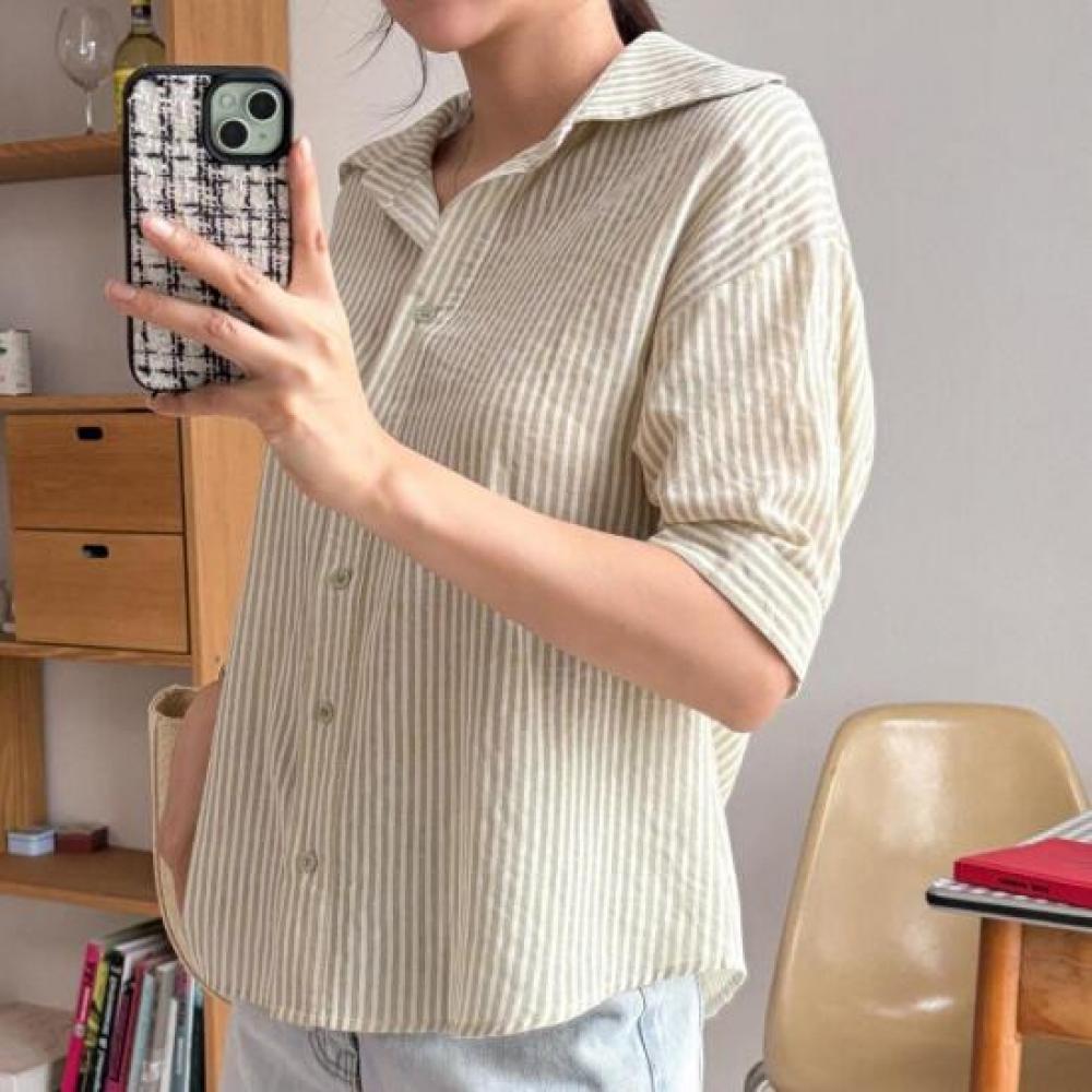 New Arrivals Open Run Women Stripe Basic Daily Short Sleeve Shirt