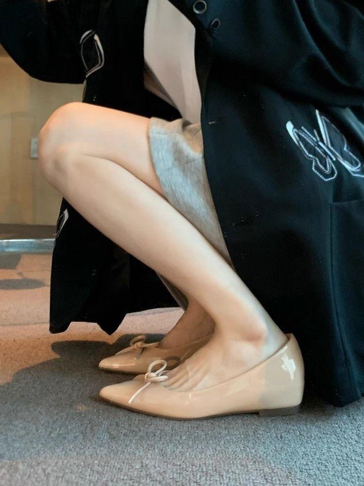 French temperament bow light mouth thick heel single shoes versatile comfortable sexy pointed soft sole one pedal