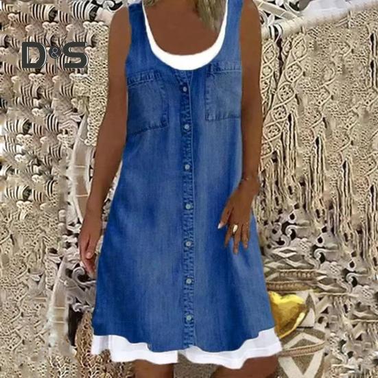 Dámské falešné dvoudílné šaty bez rukávů léto ležérní denimový potisk s výstřihem na tílko Šaty s volným střihem minišaty do A