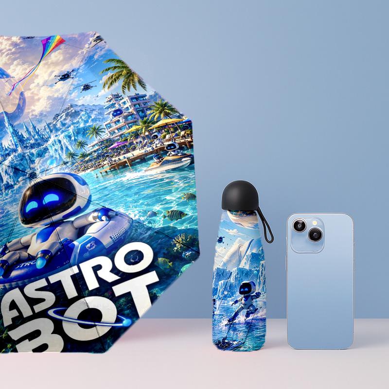Astro Bot Printed 5?Fold Mini Umbrella 8?Rib Windproof Compact Umbrella For Women Pocket Carry
