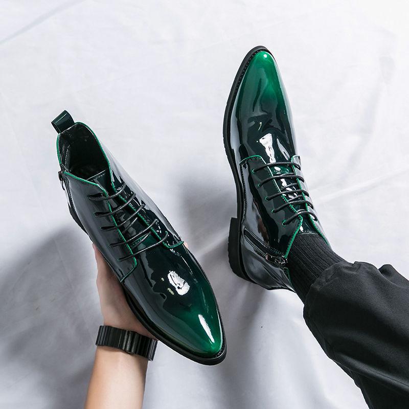 Men's Green Glossy High-Top Martin Boots - British Style Pointed Toe Chelsea Boots, Autumn Korean Trend.