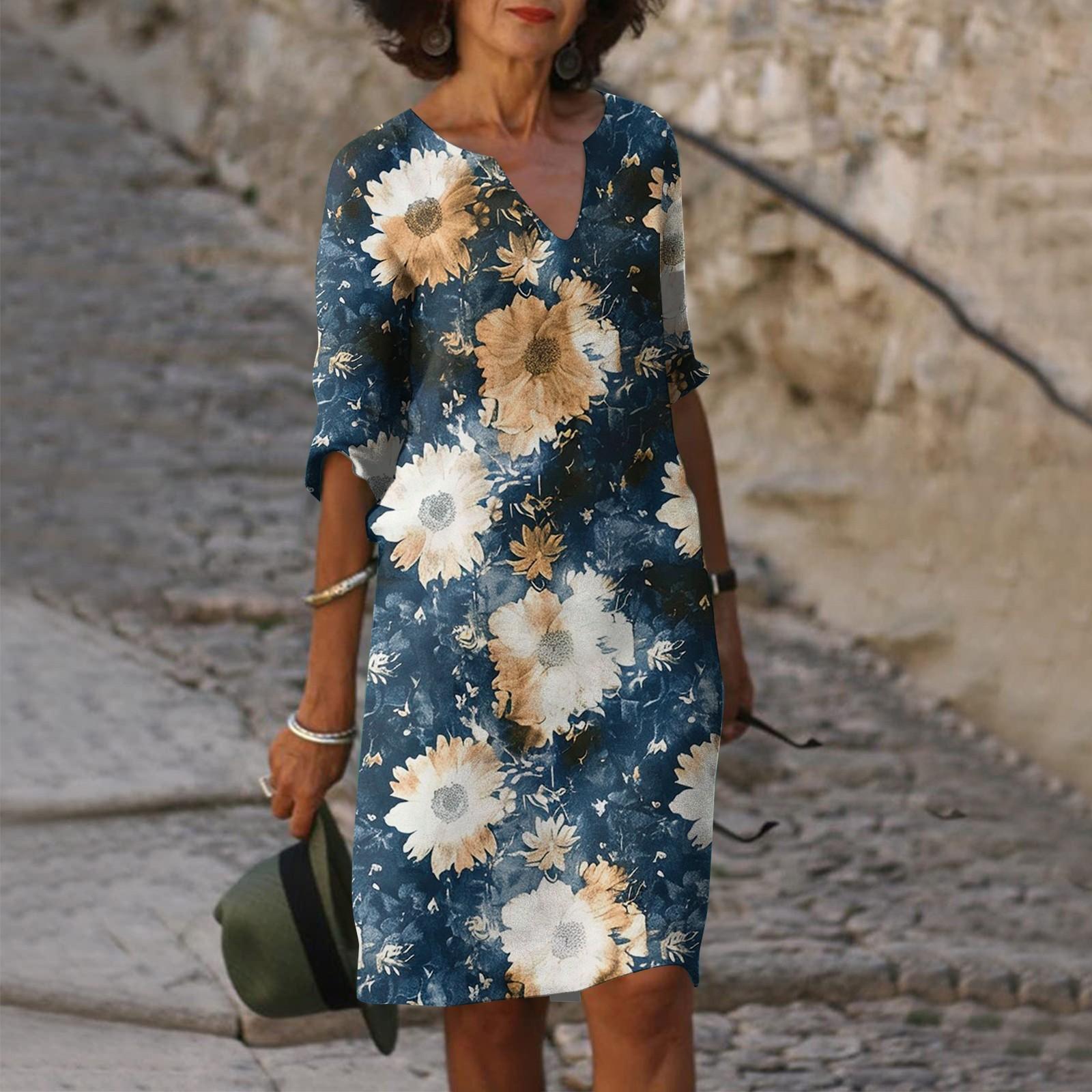 

Women s Summer Casual Fashion Five-quarter Sleeve Printed V-Neck Loose Mid-Length Dress XXXL білий