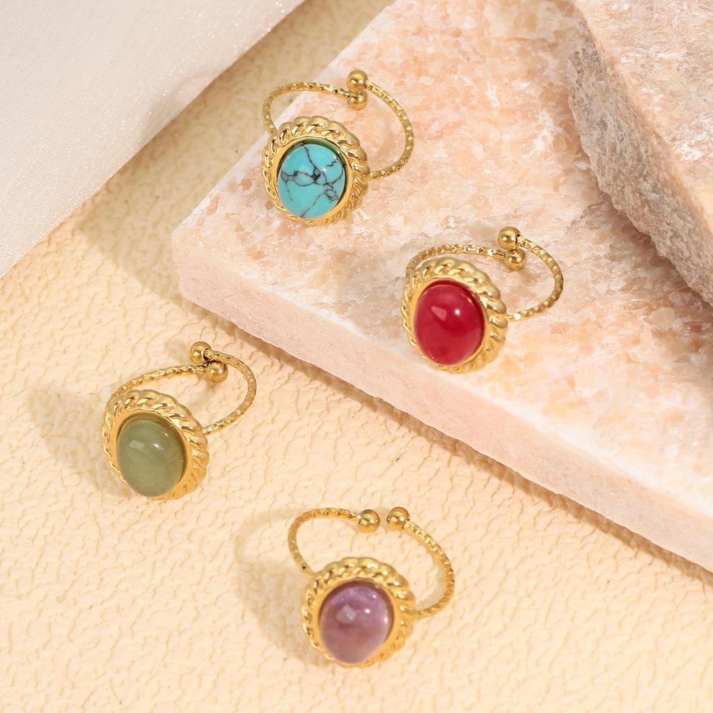18K Gold-Plated Stainless Steel Open Adjustable Retro Natural Stone Ring