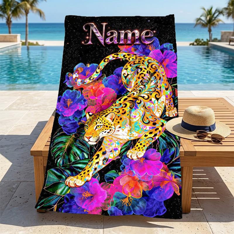 Custom Name Floral Leopard Stylish Digital Printing Beach Towel Quick‑Drying Absorbent Blanket for Beach Pool Gym Travel