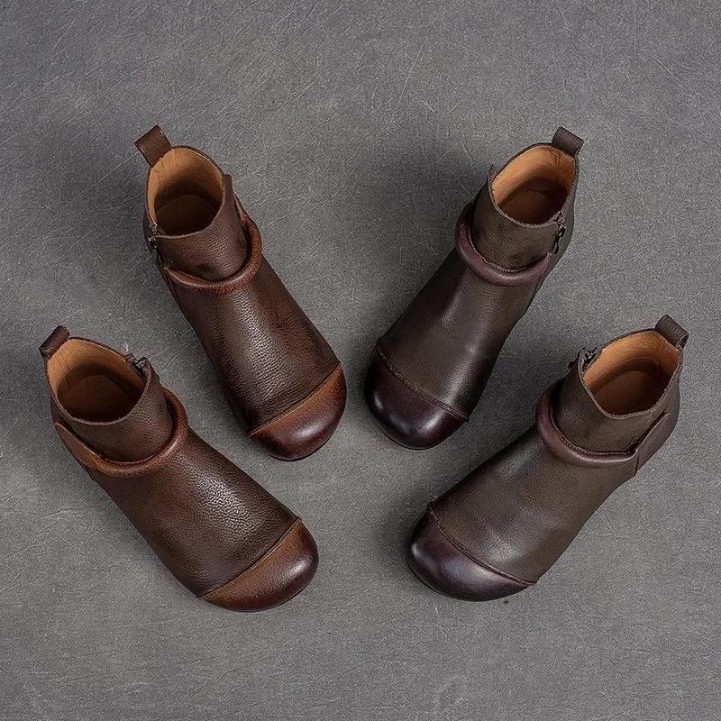 Mode Damen Lederstiefel 2025 Herbst-Winter Neu Plüsch Vintage Runde Spitze Flach Seitenreißverschluss Lässig Schlicht Damen Sneaker Damenschuhe