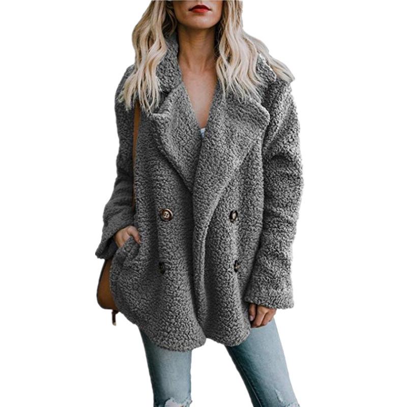 Women's Plush Button Up Lapel Pocket Jacket Autumn Winter Warm Faux Fur Coat Artificial Fluffy Fleece Optional Plus Size Jacket Female Clothing
