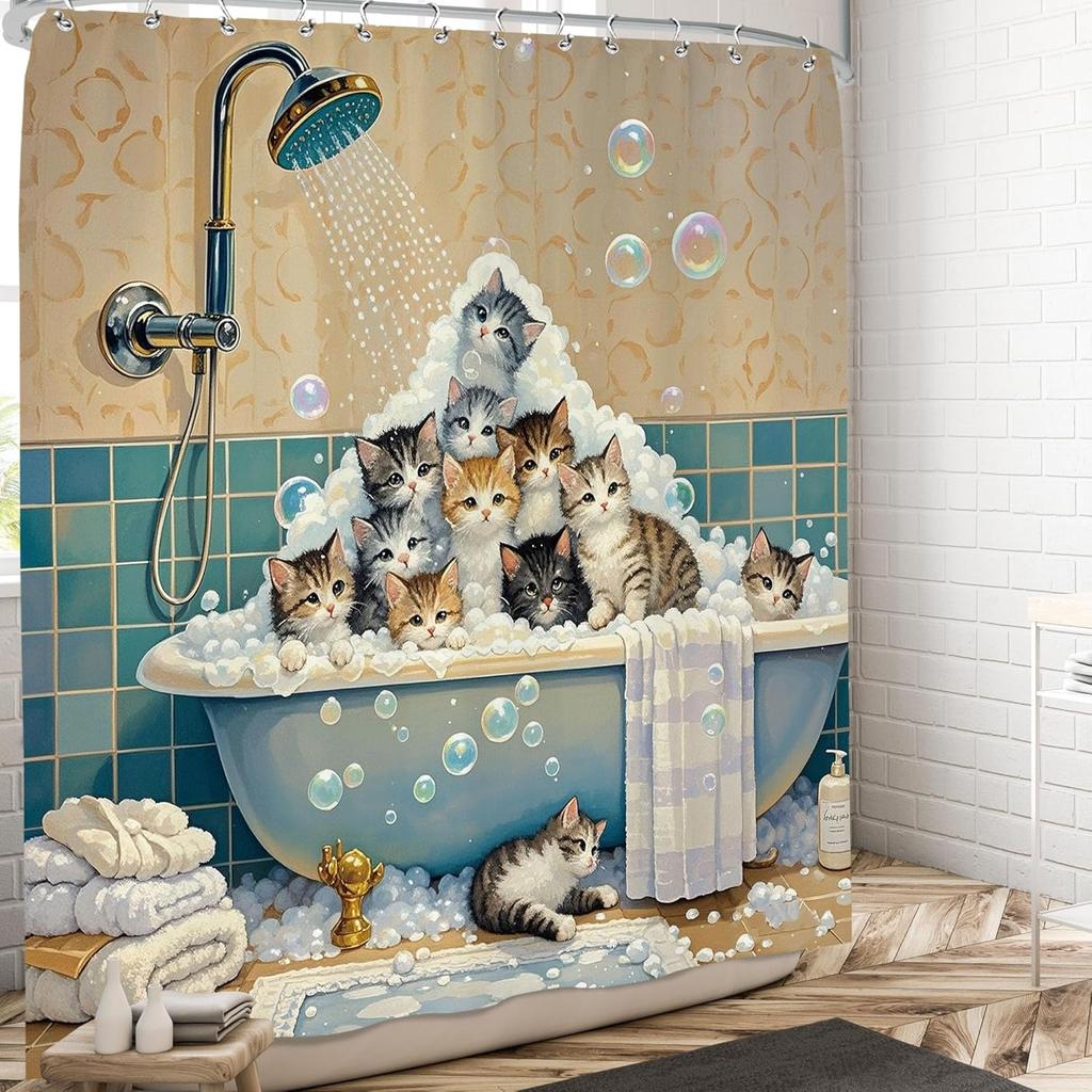 Cute Dog Shower Curtain Funny Animal Shower Curtains Set Fun Puppy Cartoon Teddy in Bathtub Flower Rustic Country Daisy Boys