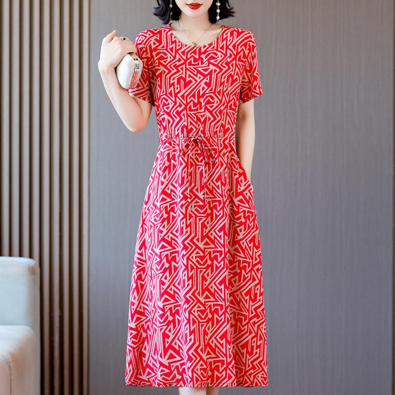 Elegant Dresses for Women  New Casual Vintage Print Long Dress Summer Short Sleeve Korean Style Female Clothing
