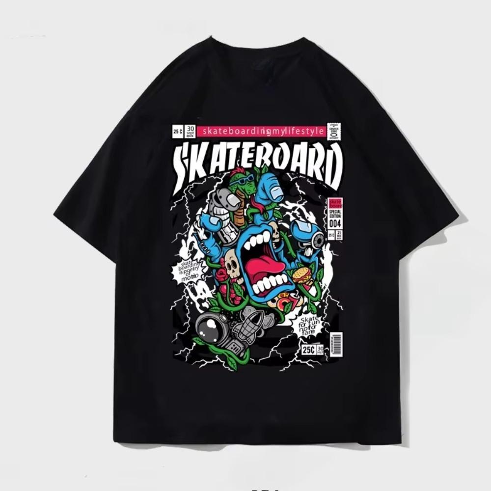 Motorcycle European and American Fun Graffiti Cartoon T-shirt Summer Casual Loose Men's and Women's T-shirt