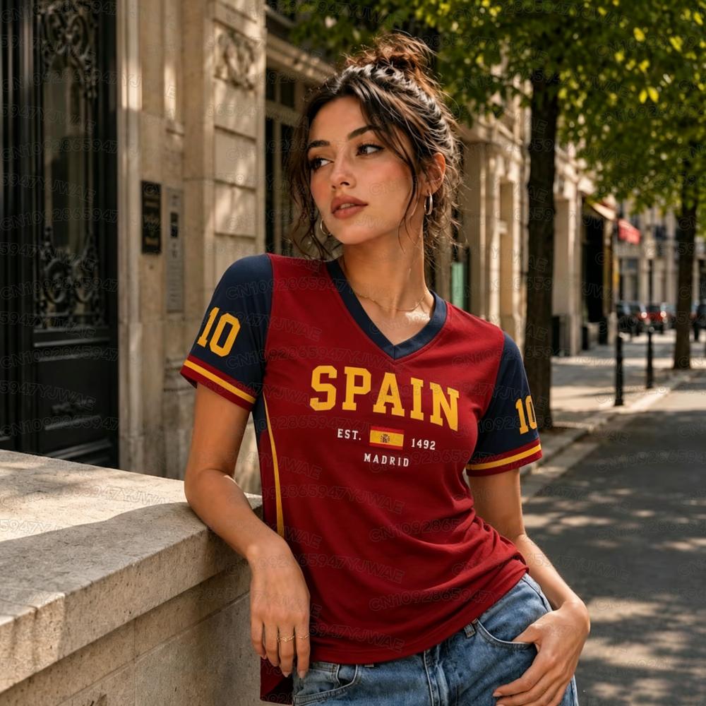 Summer Women's Men's Spain Print V-Neck Short Sleeve T-Shirt Graphic Tee Jerseys Plus Size Sport T-Shirt Soccer Fans
