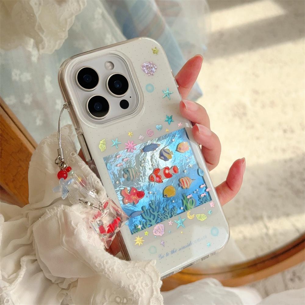 Korean INS cute ocean fish phone case for iPhone 13 14 15 16 Pro Max Fundas with charm kawaii cute protective cover For 15 pro