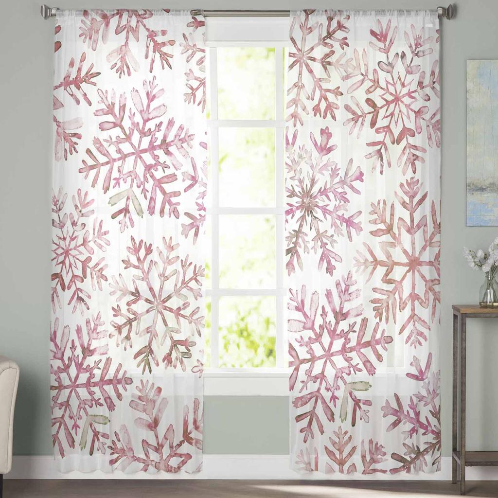 Christmas Watercolor Snowflake Retro Sheer Curtains Modern Gauze Curtain for Living Room Bedroom Voile Yarn Curtains