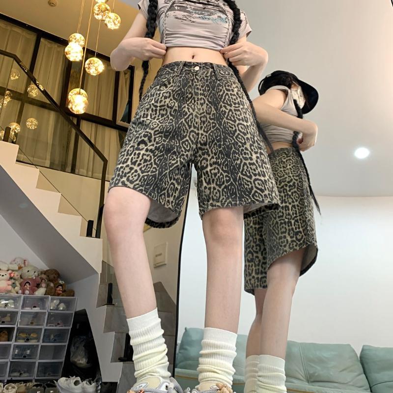 American Retro Five Quarter Denim Shorts with Women's Leopard Print Niche Design Sense Y2k High Waist Versatile Straight Leg Wide Leg Thin Version