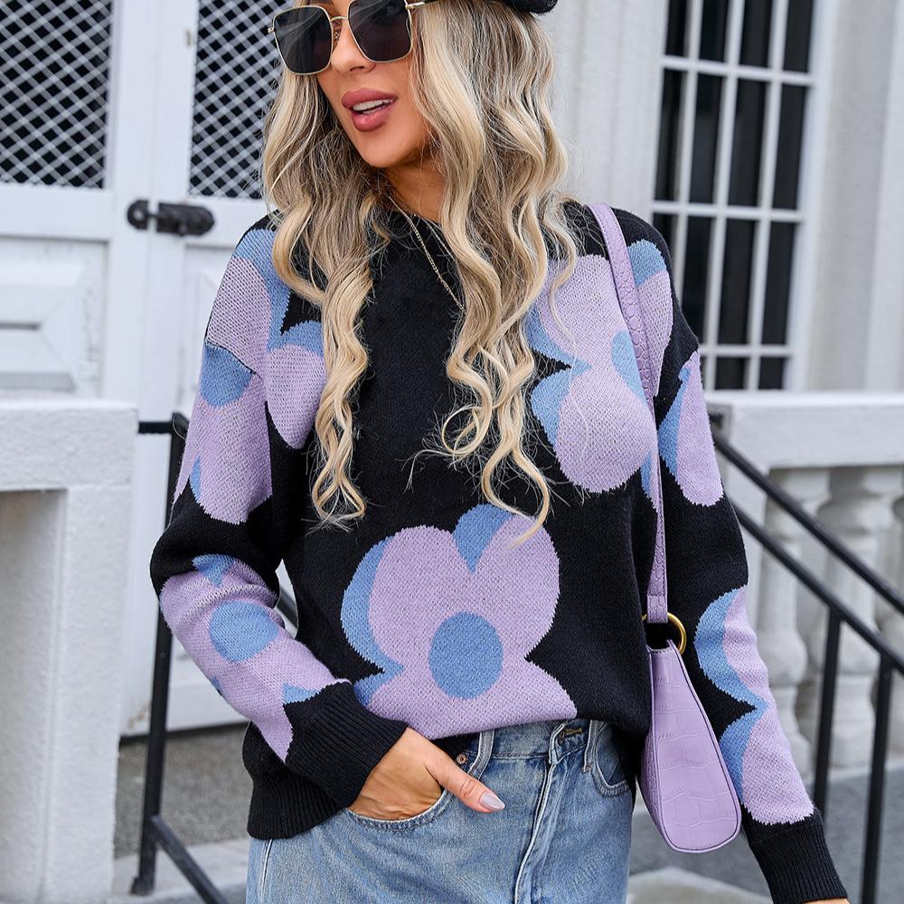 

Осенне-зимний женский пуловер с принтом, круглый вырез, модный свитер с большим цветочным принтом XL чёрный