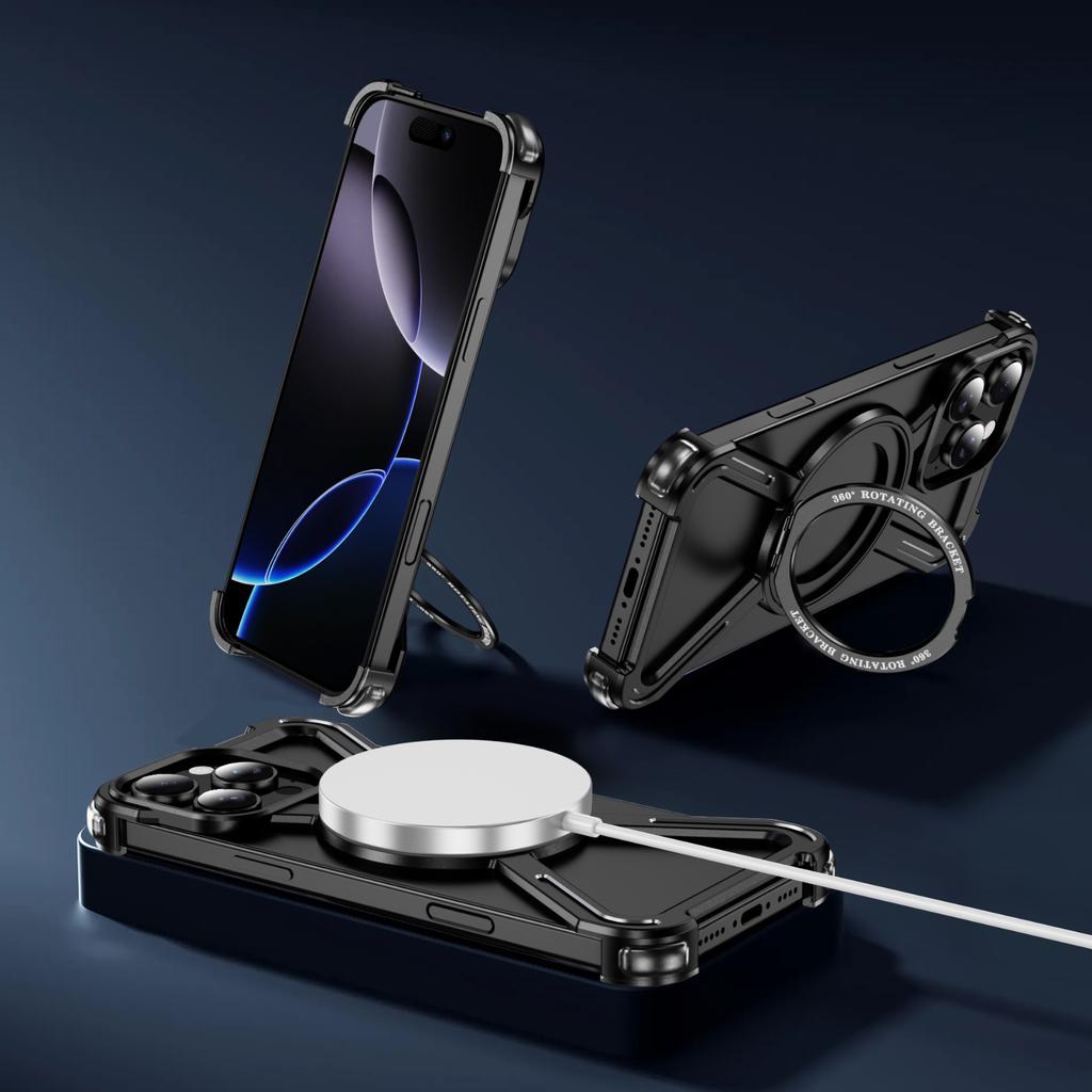For iPhone 16 Pro Max Magnetic Case Military Grade Anti Drop 360° Rotating Kickstand Titanium Alloy Bumper Phone Cover