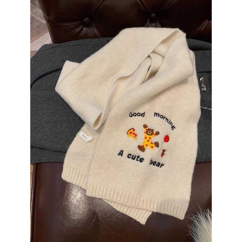 Cute Bear Embroidered Scarf Winter New Style Female Student Style Warm and Versatile Couple Style Windproof Scarf
