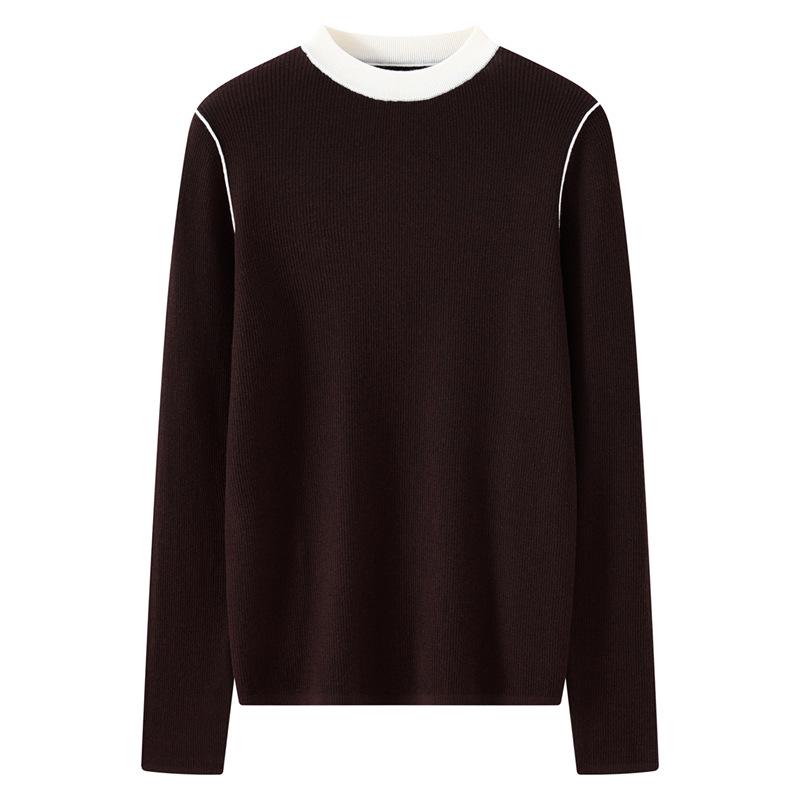 Women's Color-Block Knit Sweater, Long Sleeves, Fine-Spun Wool, French Style, Warm Base Layer for 2025 Autumn/Winter