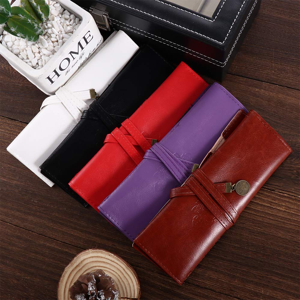 Girls Retro Stationery PU Leather Roll Pencil Bags Cosmetic Bag Roll Pen Bag Vintage Pencil Case