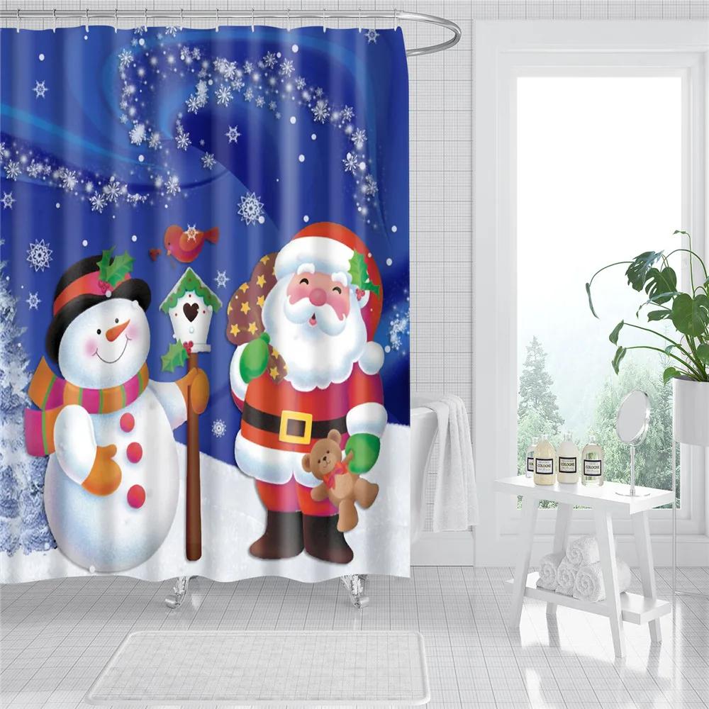Merry Christmas Shower Curtains New Year Santa Bathroom Decor Bath Curtain Cartoon Snowman Elk Bath Bathroom Curtains