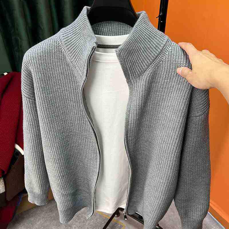 Men s Slim Fit Solid Color Zipper Knitwear: Stand Collar Long Sleeve Sweater for Autumn/Winter 2XL серый